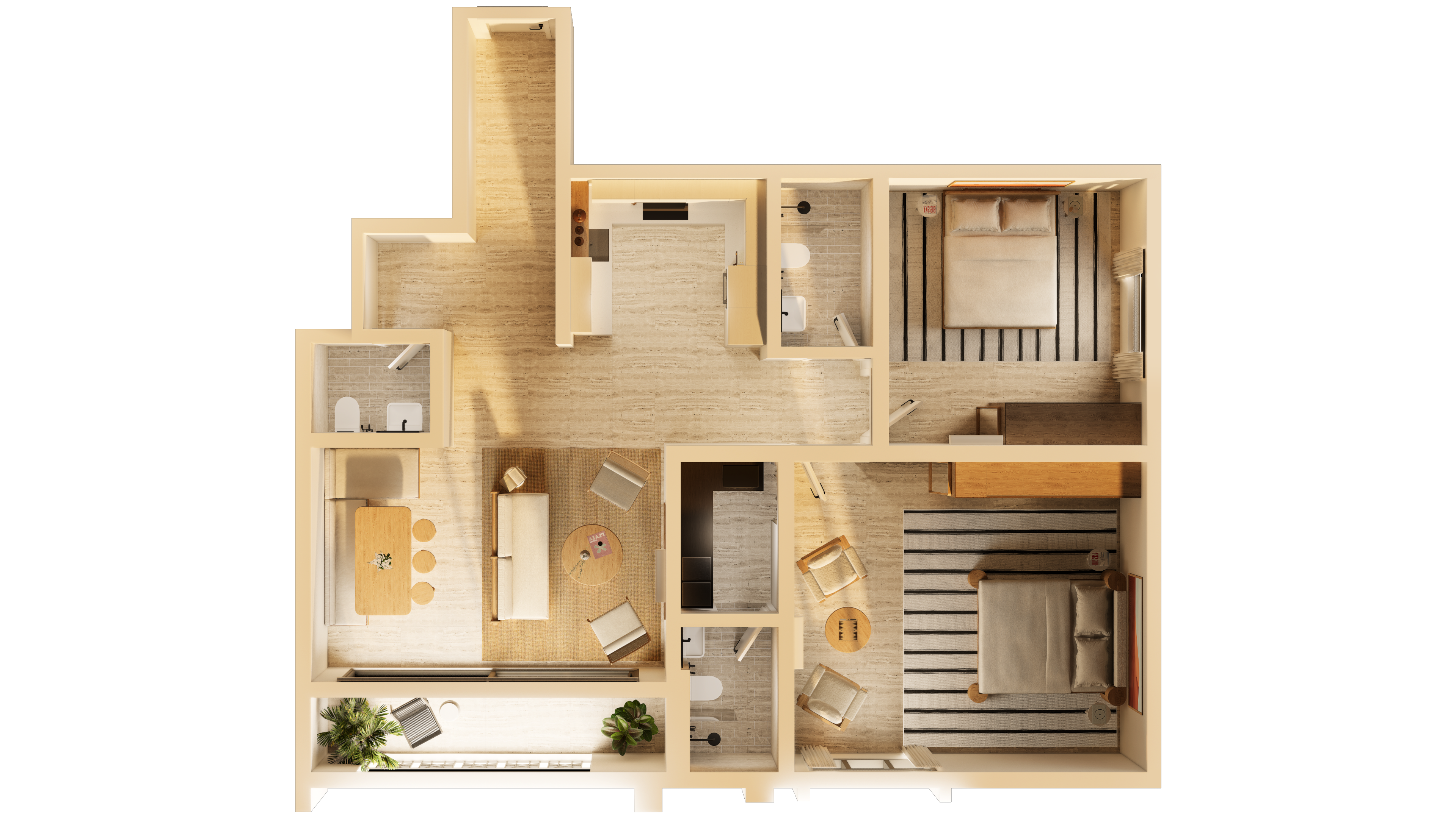 Entryway to Flow Narjis apartments flanked by two palm trees