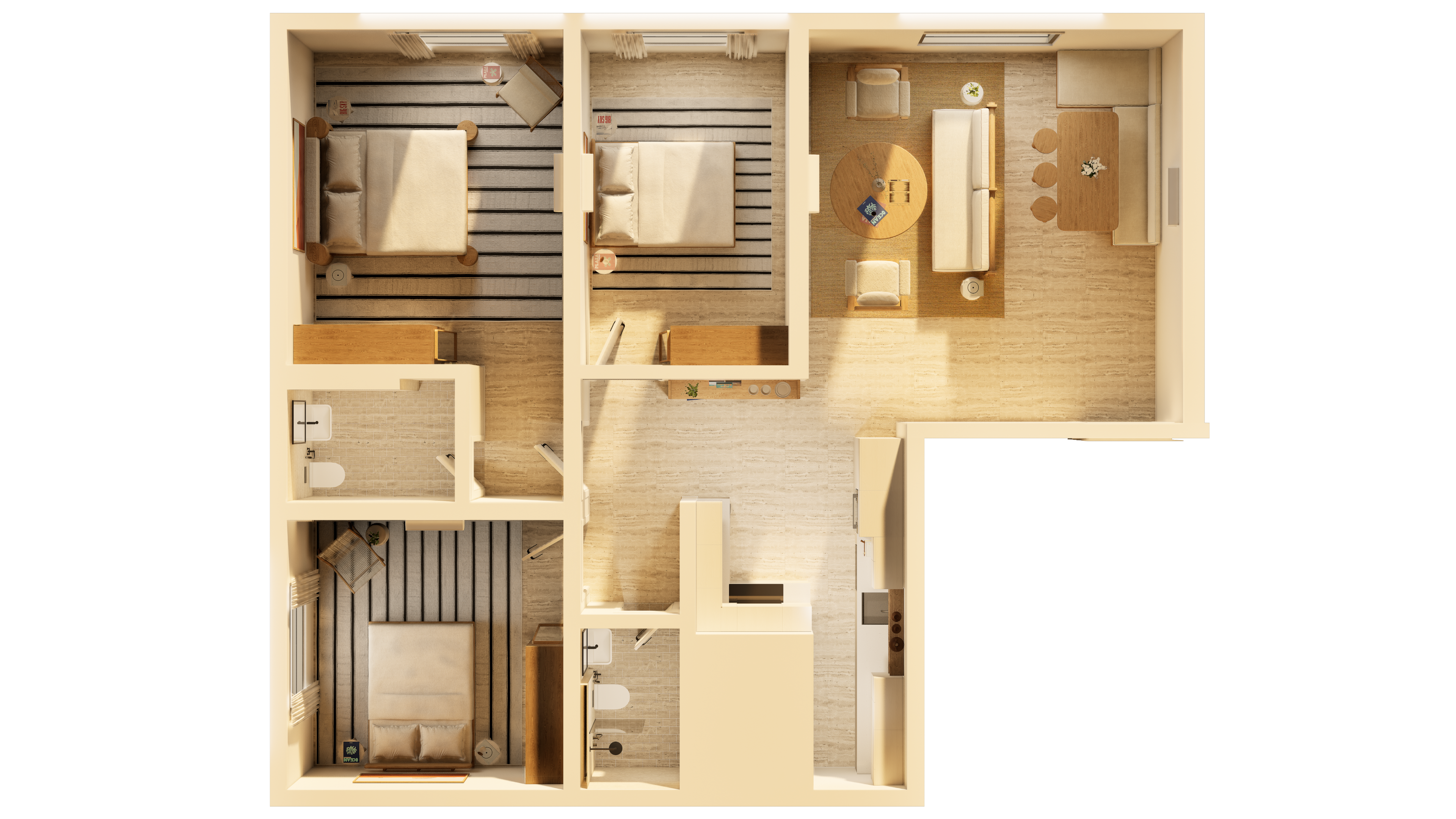 Entryway to Flow Narjis apartments flanked by two palm trees