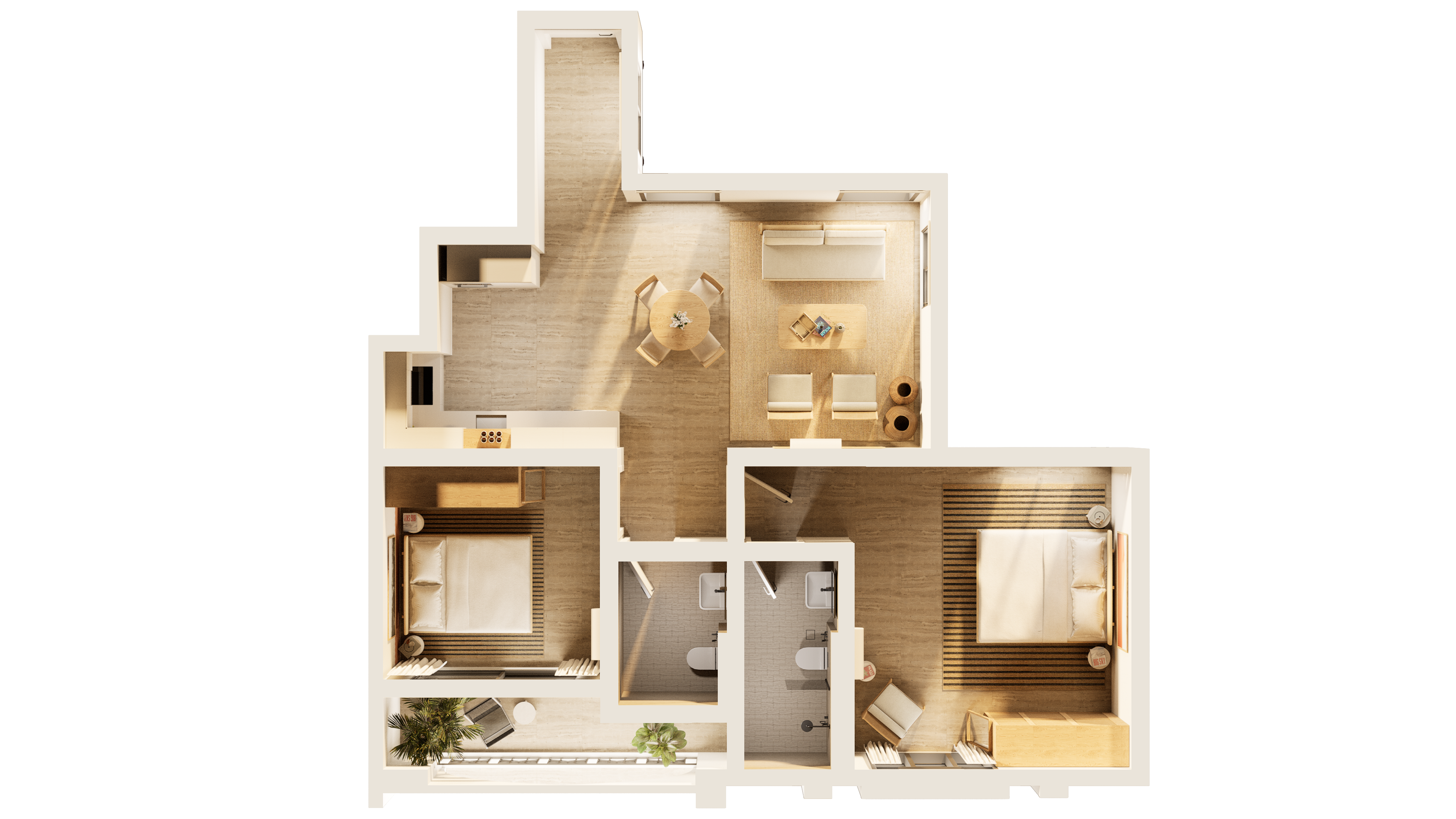 Entryway to Flow Narjis apartments flanked by two palm trees